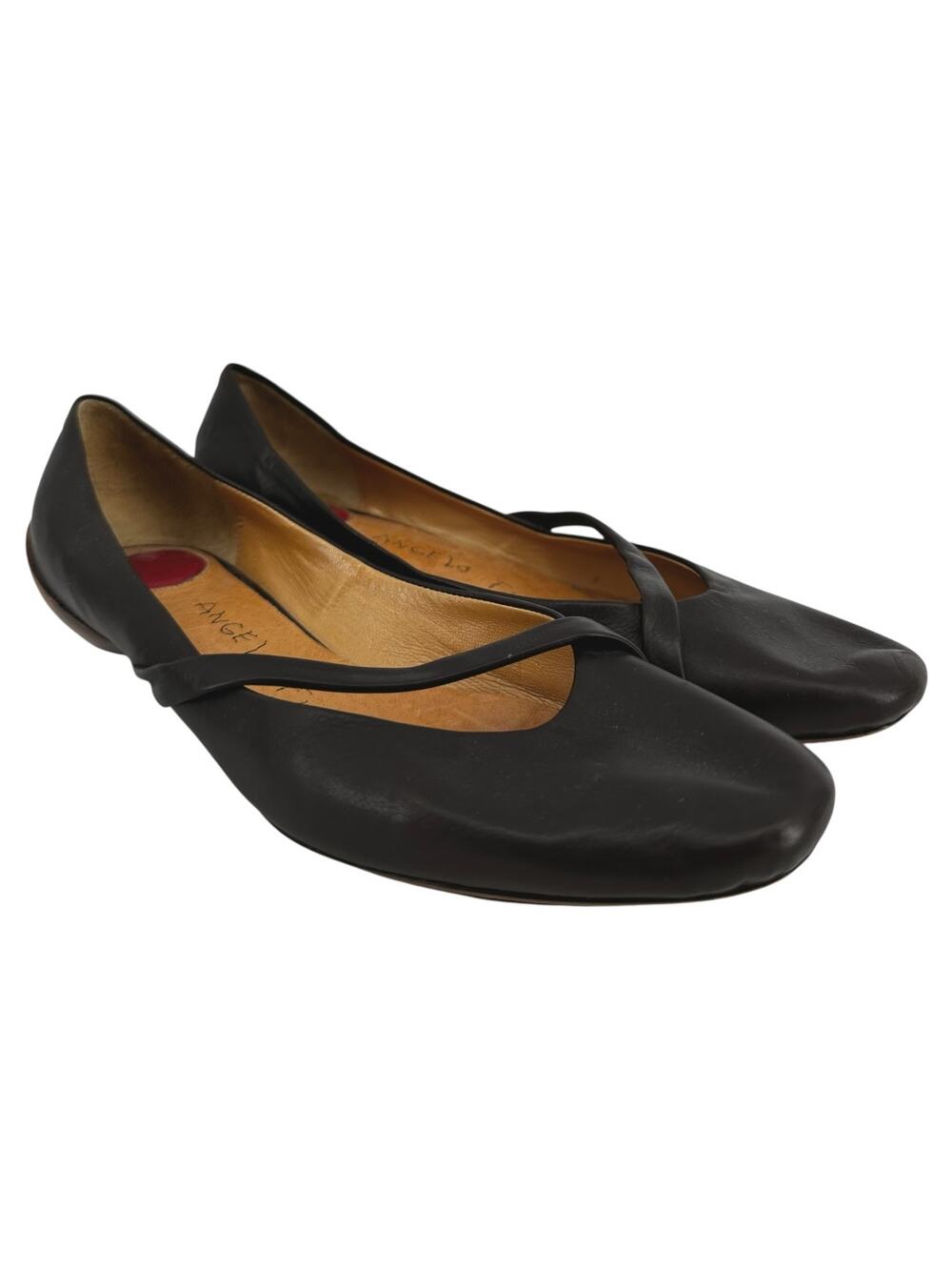 Angelo Figus Ballet Flats Slip On Leather Strap Almond Toe Wooden Brown 6